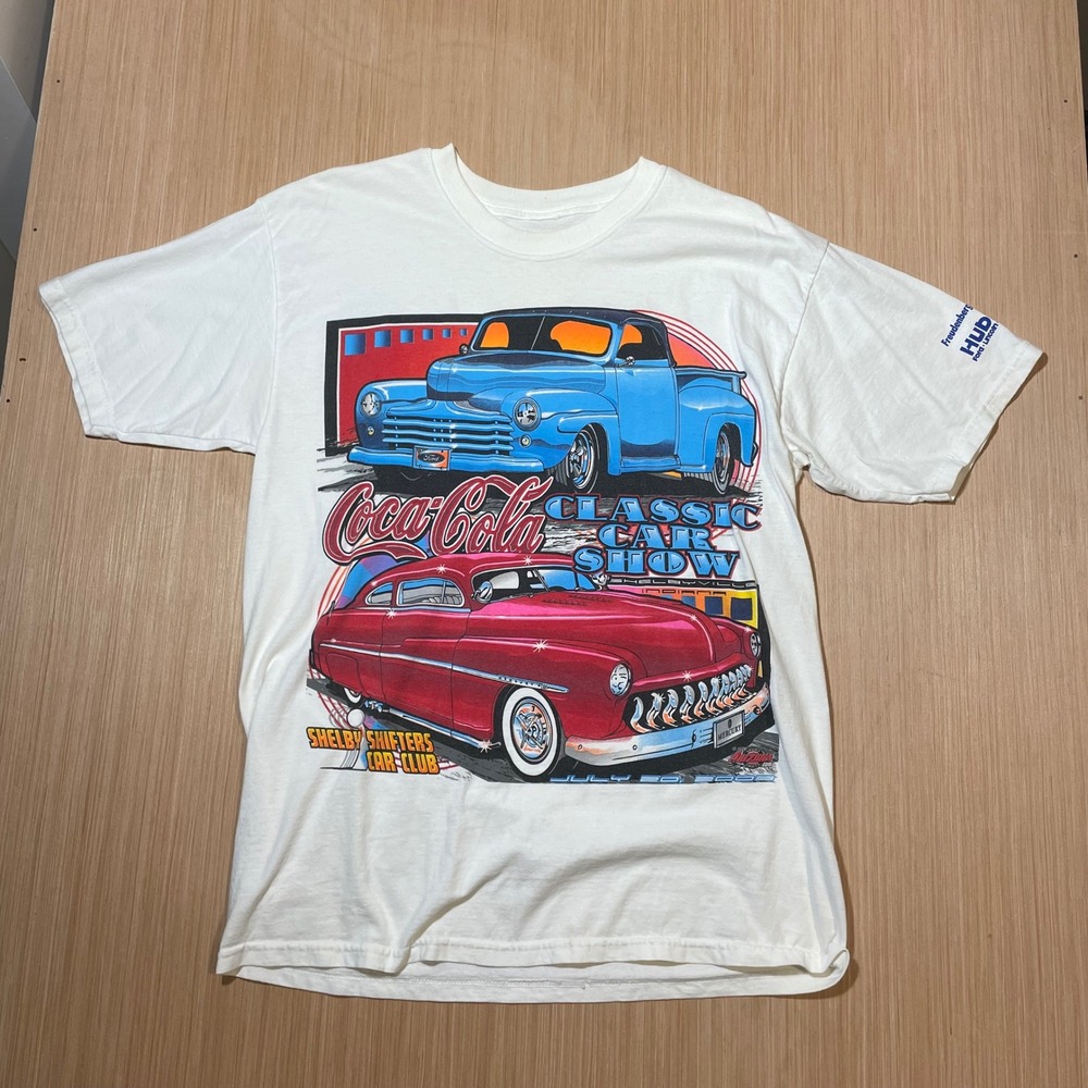 Coca-Cola Classic Car Show Mens T-Shirt White Y2K Shelby Shifters 2002 Graphic